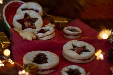 Linzer Christmas cookies. Christmas decoration, lights