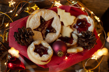 Linzer Christmas cookies. Christmas decoration, lights