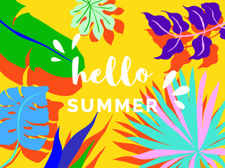 Fototapeta na wymiar Hello summer banner/background template design, tropical plants on yellow background, colorful vibrant tones