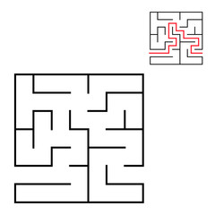 Abstract square maze. Game for kids. Puzzle for children. One entrance, one exit. Labyrinth conundrum. Flat vector illustration isolated on white background. With answer.