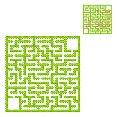 Square labyrinth of garden bushes. Game for kids. Puzzle for children. One entrance, one exit. Labyrinth conundrum. Flat vector illustration. With answer. With place for your image.