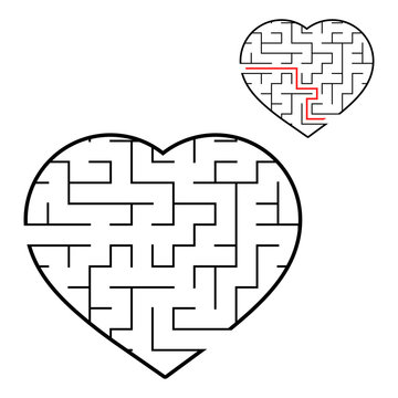 Abstract maze heart. Valentine day. Game for kids. Puzzle for children. One entrance, one exit. Labyrinth conundrum. Flat vector illustration isolated on white background. With answer.