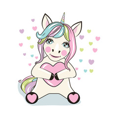 Unicorn with hearts cartoon illustration. Can be used for baby t-shirt print, fashion print design, kids wear
