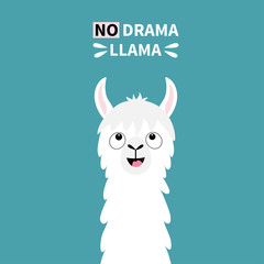 Llama alpaca animal face looking up. No drama. Cute cartoon funny kawaii smiling character. Childish baby collection. T-shirt, greeting card, poster template print. Flat design. Blue background.