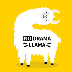 No drama Llama alpaca turning face, head tongue. Cute cartoon funny kawaii character. Childish baby collection. T-shirt, greeting card, poster template print. Flat design. Yellow background.