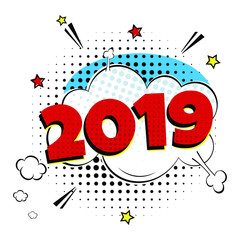 2019 happy new year christmas comic pop art speech bubble vector illustration. Colorful pop art style sound effect. Halftone, vintage comic sound effects isolated on white background.
