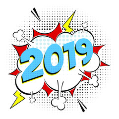 2019 happy new year christmas comic pop art speech bubble vector illustration. Colorful pop art style sound effect. Halftone, vintage comic sound effects isolated on white background.