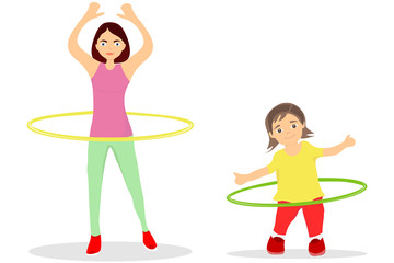 The girl and mother turns the hula hoop. The little girl is engaged in charging and turns the hula hoop along with her mother. Flat design, vector.