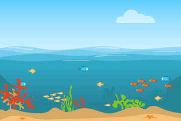 Sea life. The bottom of the ocean with fish and algae. Realistic sea landscape. Flat design, vector.