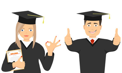Happy graduates in gowns and with a diploma. Graduate and graduate in gowns. Flat design, vector.
