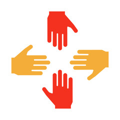 Vector trendy flat glyph icons with 4 hands. Concept design for teamwork, success, charity, business, volunteers, performance group, equality and other concepts