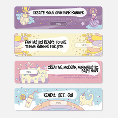 Fantastic minimalistic banner for web site in cartooning doodle style. Magic ready colored web banner with creative elements. Modern teenage girl banners with rainbow, girls, moon, unicorn cat, donuts