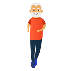 Happy old men dressed in sports clothing doing fitness, running. Active elderly man. Cartoon character isolated on white background. Vector illustration