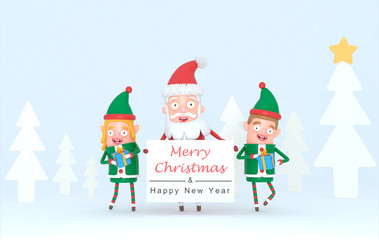 Fototapeta premium Couple elf and Santa Claus holding a Greetings placard in a forest set. 3d Illustration. Isolate. Easy automatic vectorization. Easy background remove. Easy color change. Easy combine. 