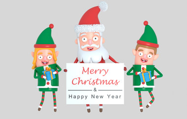 Couple elf  and Santa Claus holding a Greetings placard. 3d Illustration.
Isolate. Easy automatic vectorization. Easy background remove. Easy color change. Easy combine. 