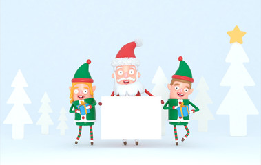 Couple elf and Santa Claus holding a white placard in a forest set. 3d Illustration.
Isolate. Easy automatic vectorization. Easy background remove. Easy color change. Easy combine. 
