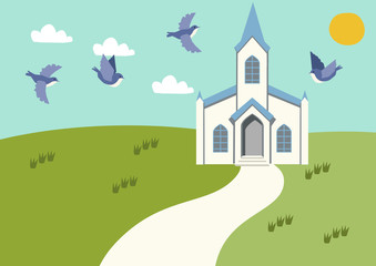 Naklejka premium 春の風景。教会のある風景。教会のある景観。