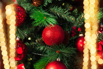 Decorated Christmas tree closeup.