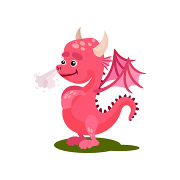 Cute pink dragon with steam from the nose. Mythical creature with small wings, horns and long tail. Flat vector icon