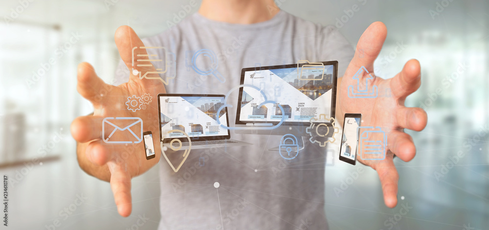 Sticker Businessman holding a Devices connected to a cloud multimedia network 3d rendering