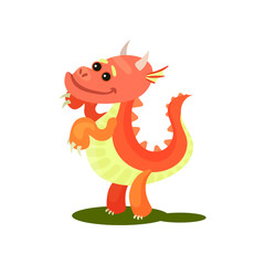 Flat vector icon of adorable red dragon. Pink fantastic animal with small horns and long tail