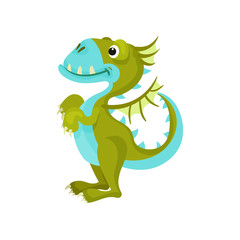 Cute green dragon with blue belly and muzzle. Fantastic animal with small wings and long tail. Flat vector icon