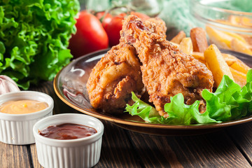 Crispy fried kentucky chicken legs with french fries