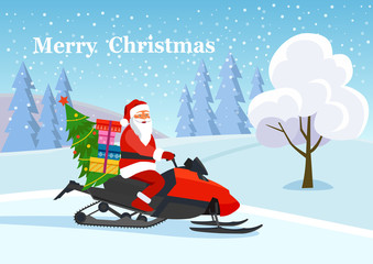 Santa claus riding Snowmobile isolated. Winter forest landscape. Vector flat style illustration