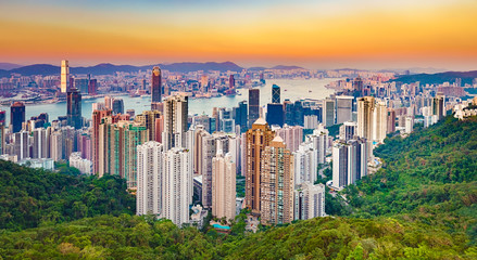 Fototapeta premium Hong Kong skyline at sunset. Panorama