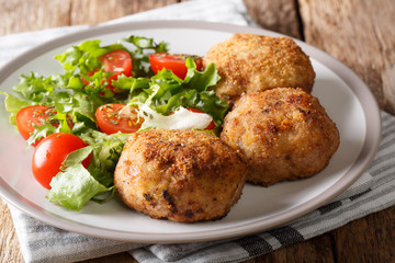 Delicious Danish food patties made from minced pork in breading with fresh vegetable salad closeup on a plate. horizontal