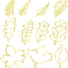Winter Christmas leave Gold outline set