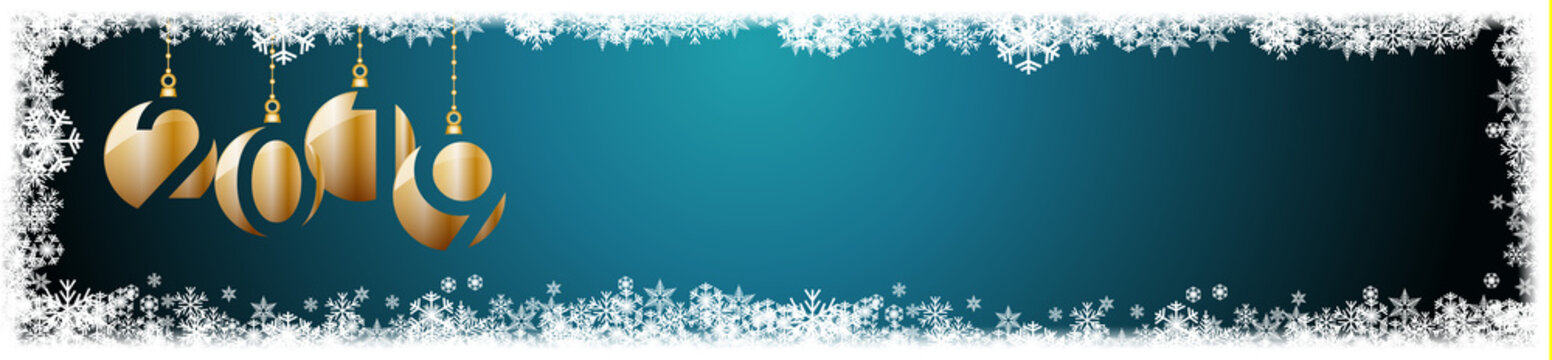 2019 New Year header background. Frame made snowfall and ice crystals, banner