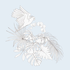 A composition of tropical plants, palm leaves