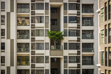 Fototapeta na wymiar White building in Bangkok with a green tree on the balcony, a building with windows and balconies, Thailand