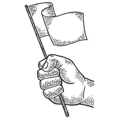 Hand with white flag engraving vector illustration. Scratch board style imitation. Black and white hand drawn image.
