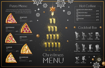 Naklejka premium Christmas menu design with golden champagne glasses. Restaurant menu. Pyramid of champagne glasses