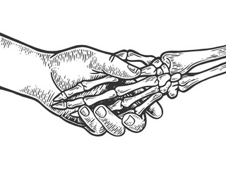 Death skeleton handshake engraving vector illustration. Scratch board style imitation. Black and white hand drawn image.