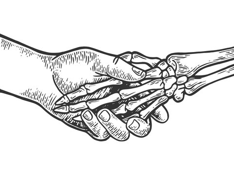 Death skeleton handshake engraving vector illustration. Scratch board style imitation. Black and white hand drawn image.