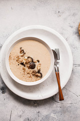 Green soup bowl plant based food broccoli, brussels sprout kale spinach cream soup