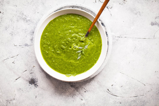 Green Soup Bowl Plant Based Food Broccoli, Brussels Sprout Kale Spinach Cream Soup