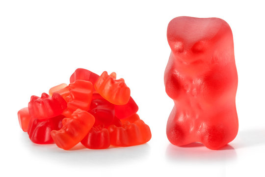 Red fruit gummy candy in the form of a grizzly bear. Jelly Bean