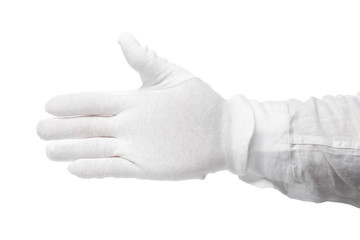 Hand in a white glove isolated on a white background. Gesture eye-catching. Gesticulation