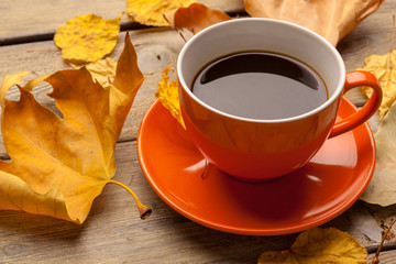 A cup of coffee on the orange plate on the wooden table. Office interior