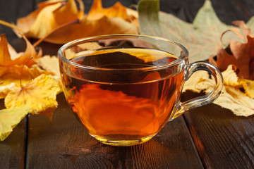 Cup of tea and autumn leaves on the table