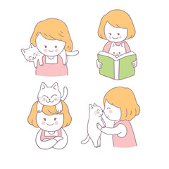 Cartoon cute girl and cat set vector
