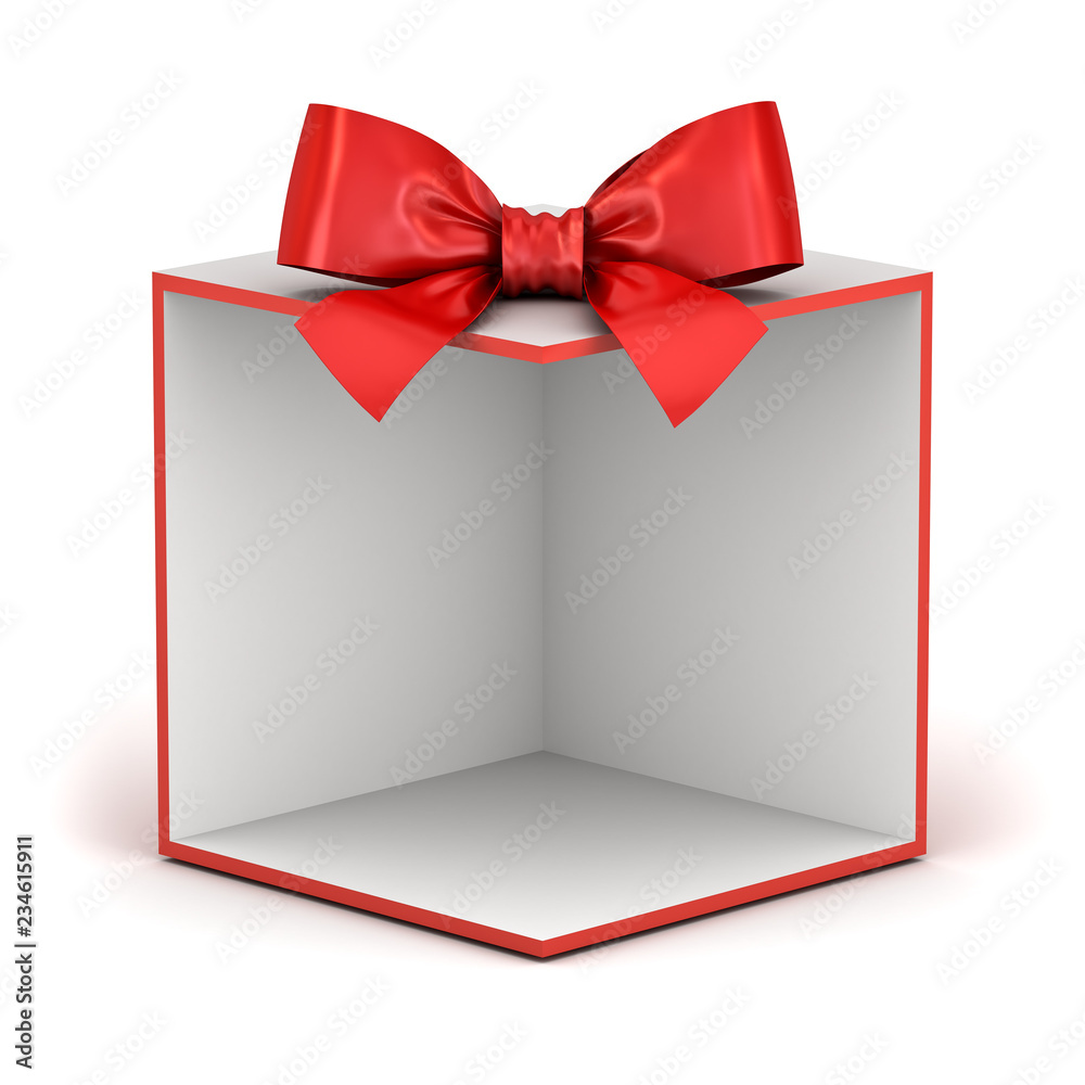 Poster Blank display gift box backdrop or present box showcase with red ribbon bow isolated on white background with shadow 3D rendering