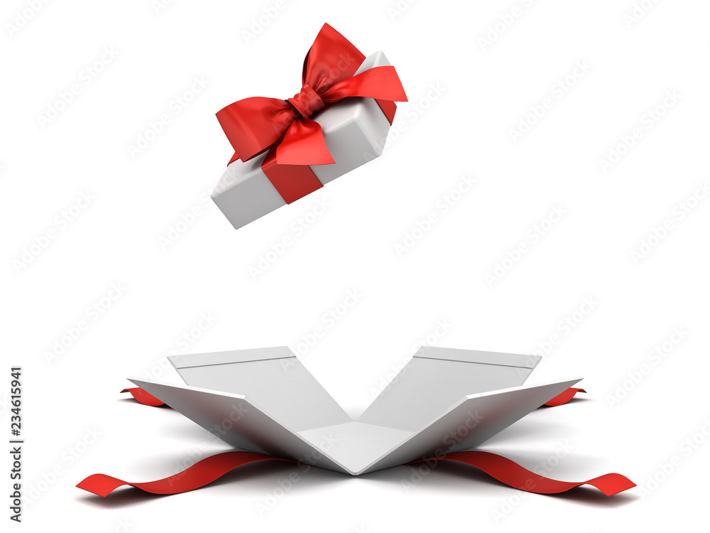 Poster Open gift box or present box with red ribbon bow isolated on white background with shadow 3D rendering