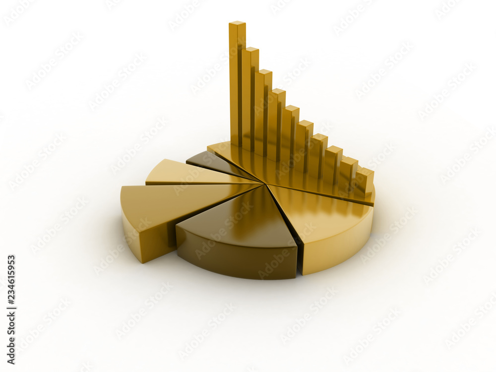 Poster 3d rendered pie chart graph with up arrow isolated on white background
