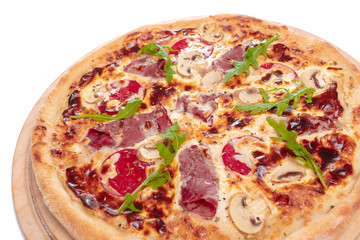 Italian fast food. Delicious hot pizza sliced and served on wooden platter isolated on white background