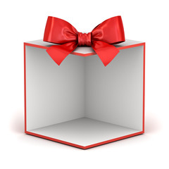 Blank display gift box backdrop or present box showcase with red ribbon bow isolated on white background with shadow 3D rendering